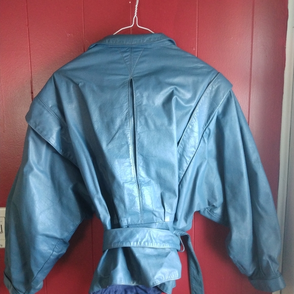 Genuine Leather jacket/coat, Made in Brazil, blue, women, small, belted waist - Picture 2 of 4